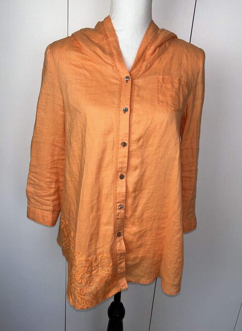 Issi Mixmind Hooded Button Front Shirt Women’s Embroidered Linen? Sz M? Pocket